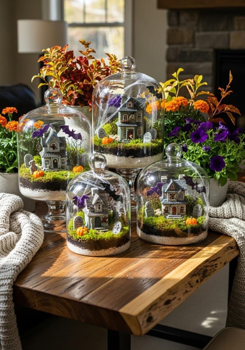 Spooky Chic: 21 Must-Try Halloween Party Decor Ideas! 48 spooky terrariums featuring miniature haunted houses and moss 1