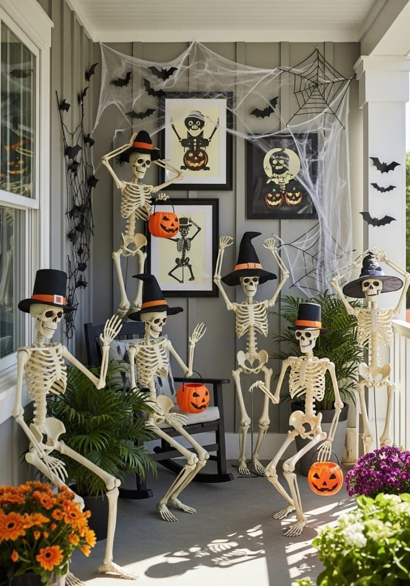 Spooky Chic: 21 Must-Try Halloween Party Decor Ideas! 43 glow-in-the-dark skeletons arranged in playful dance poses 1