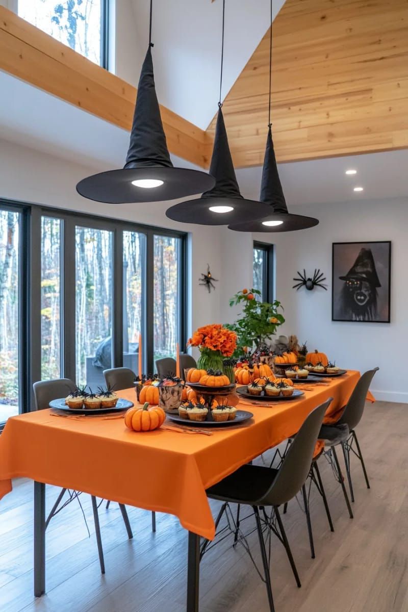 Spooky Chic: 21 Must-Try Halloween Party Decor Ideas! 4 floating witch hats glowing with hidden led lights above the snack table 1