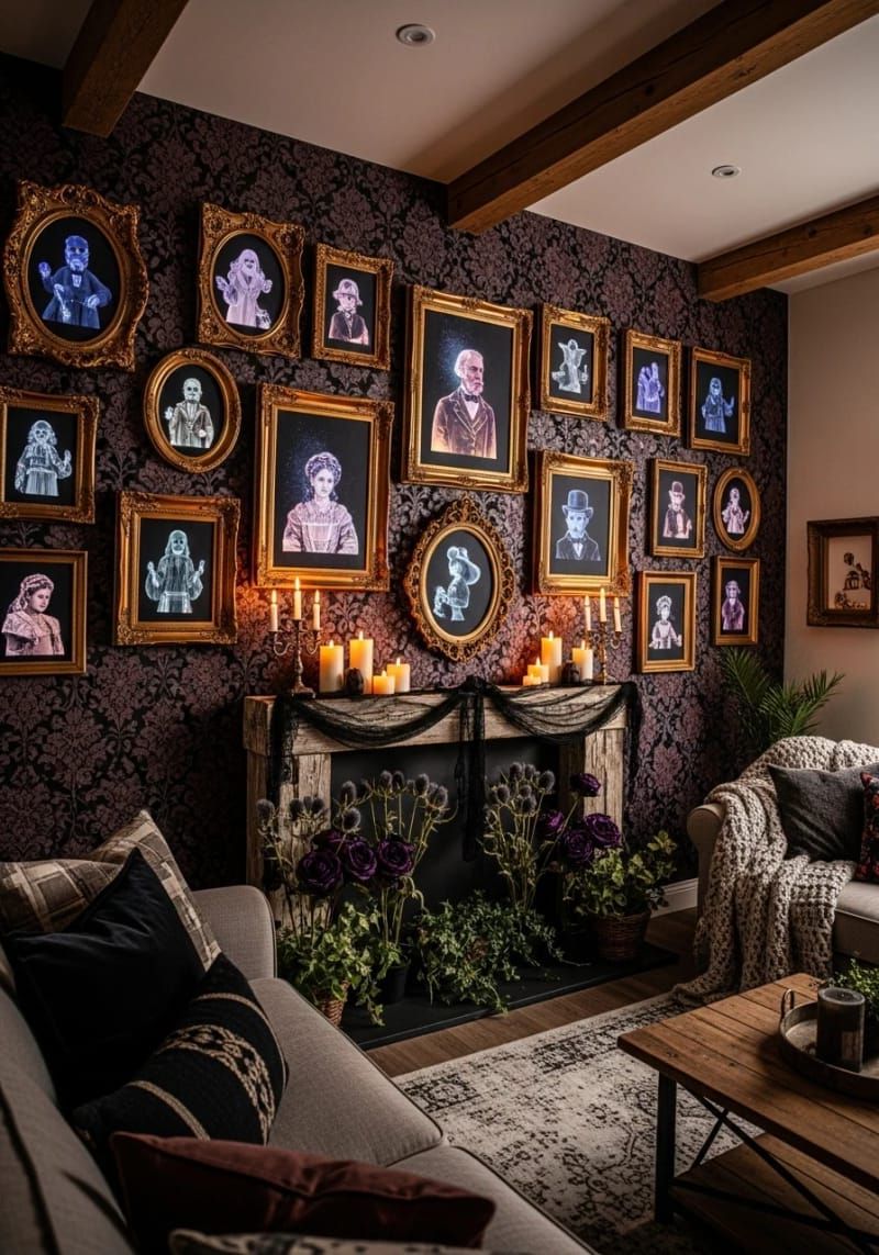 Spooky Chic: 21 Must-Try Halloween Party Decor Ideas! 13 spooky victorian picture frames with moving holographic portraits 1