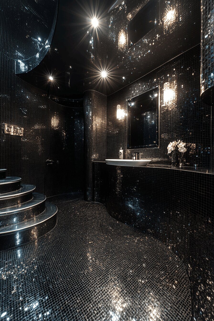 21. Black and Silver Reflective Bathroom
