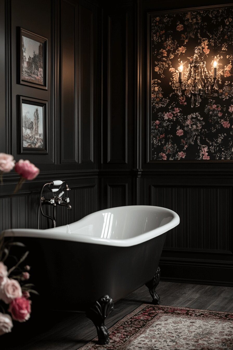 10. Vintage Glam Black Bathroom