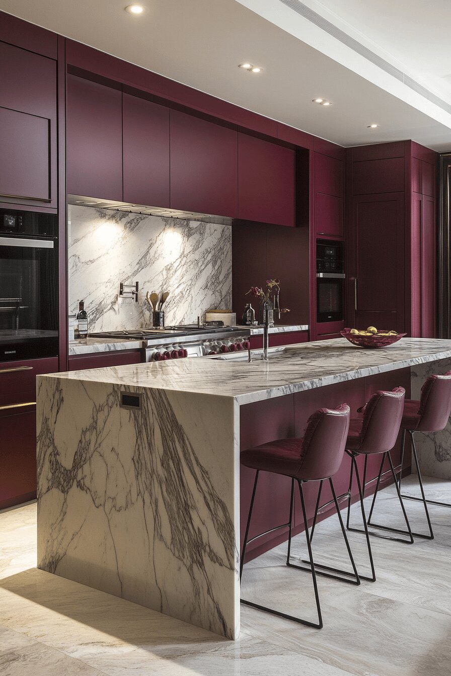 16. Burgundy Cabinets with Elegant Marble