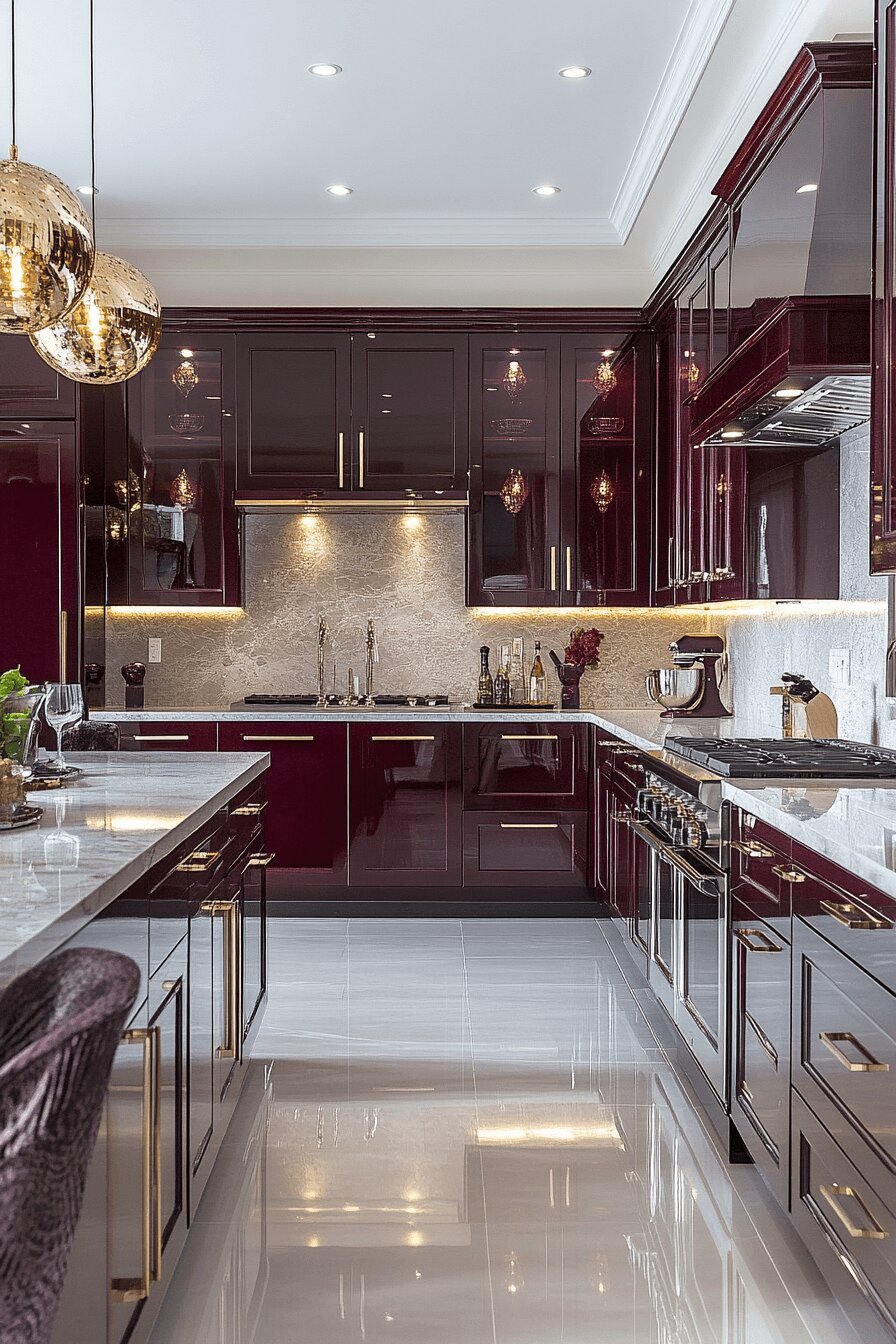 28. Wine-Colored Kitchen Gleam