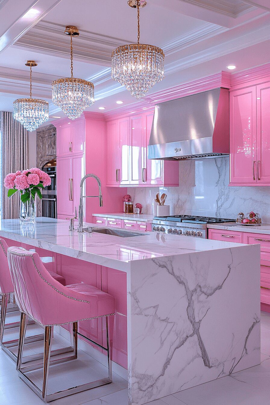 25. Classy Pink Marble Kitchen