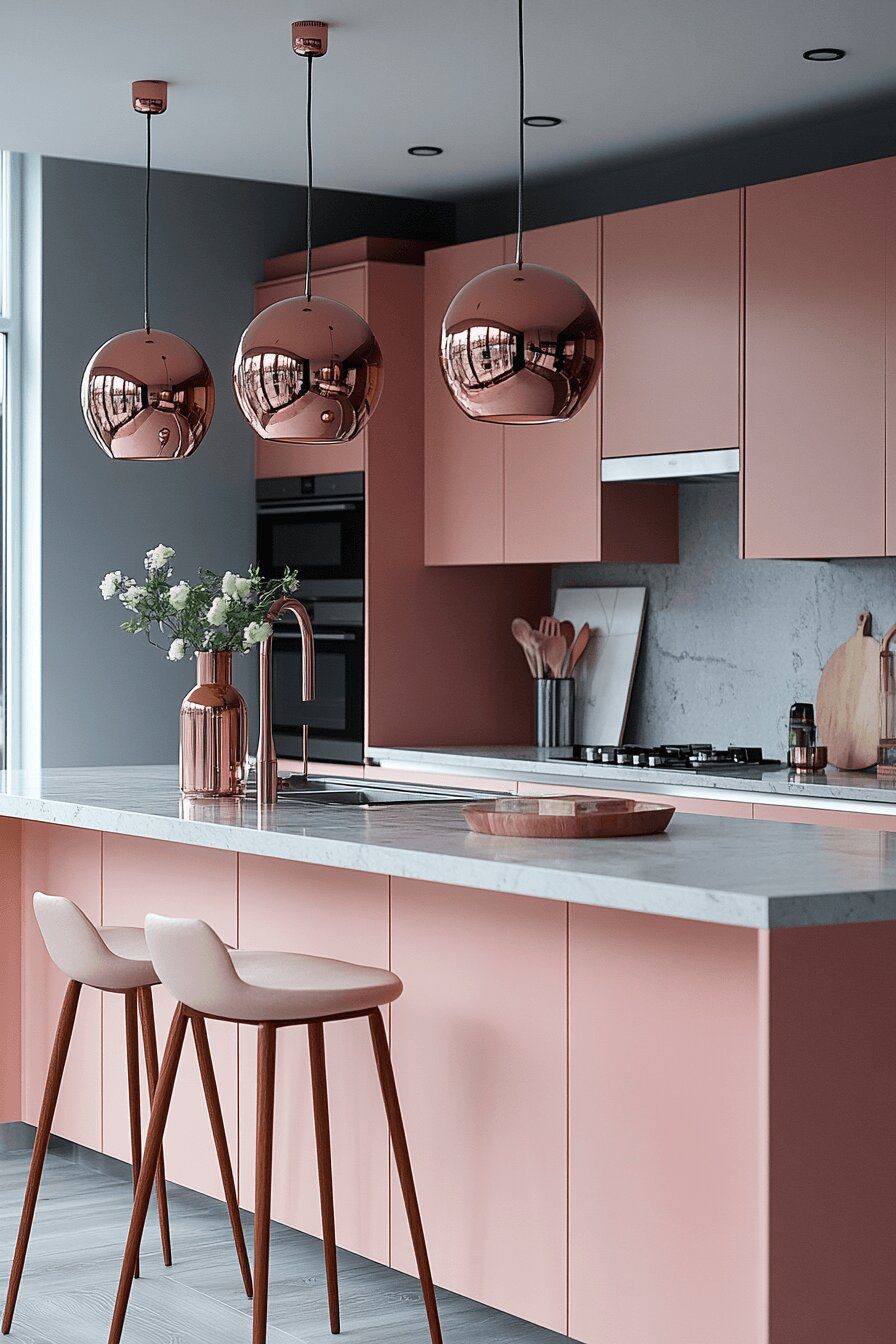 28. Sleek Salmon Pink Kitchen