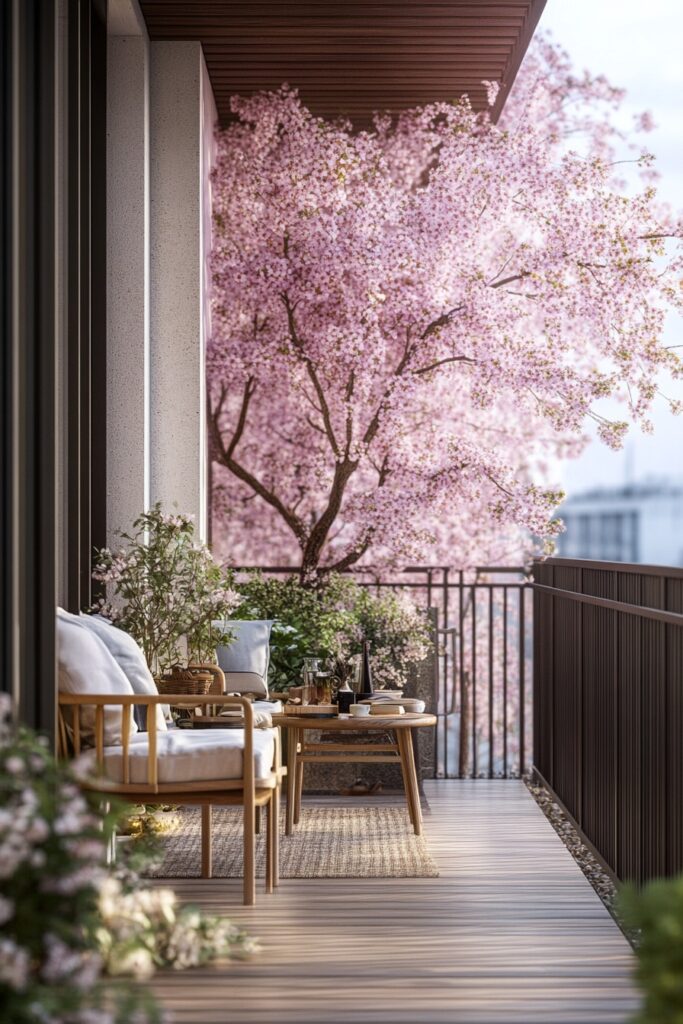 29. Balcony Bliss Under Sakura Blooms